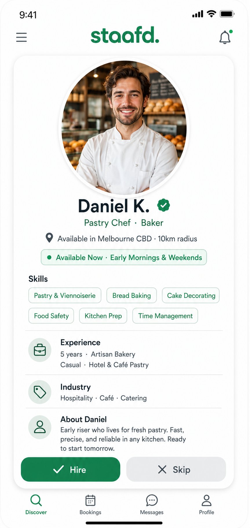 Staafd app — Daniel K, verified pastry chef and baker profile