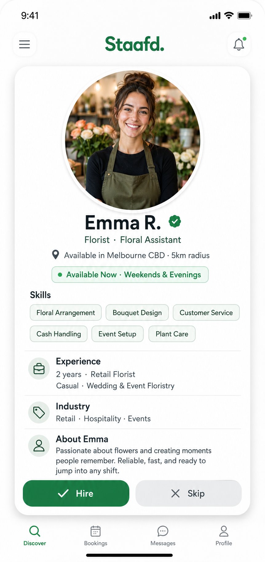 Staafd app — Emma R, verified florist profile